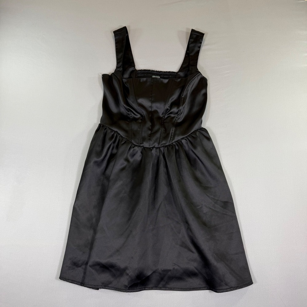 Black Satin Corset Mini Dress Smocked Back Medium Balletcore 90s Cocktail LBD